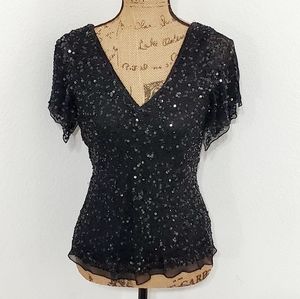 Adrianna Papell Boutique black beaded sequin embellished slit sleeve top tunic M